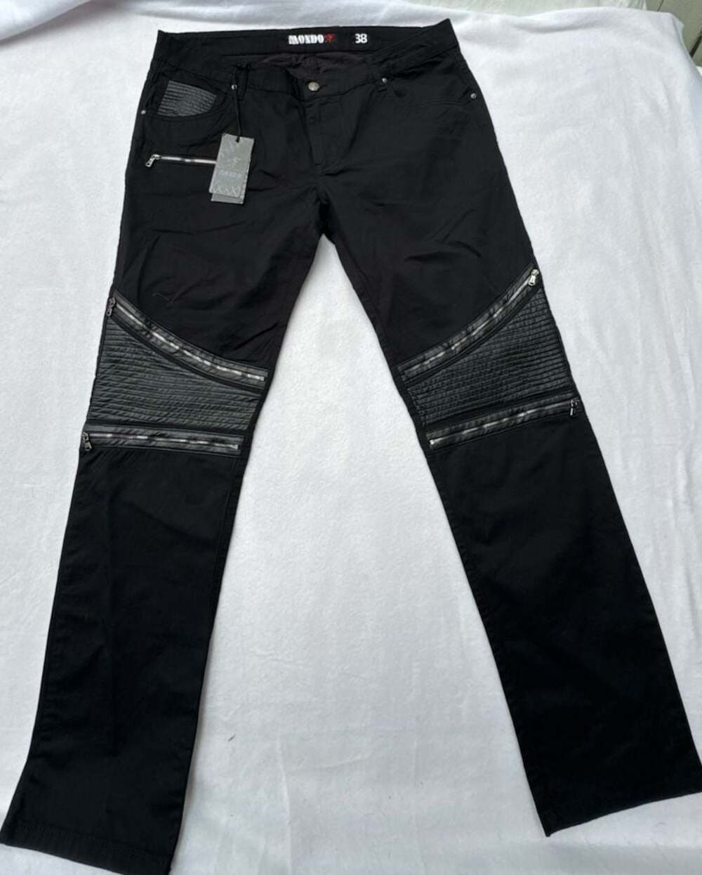 NWT Mondo Exclusive Black Biker Moto Style Jeans with Zipper and Paneled Details